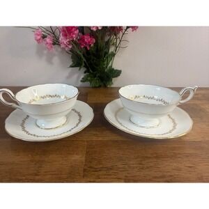 Coalport Cornet Teacup Saucer Set English Bone China Gold Trim Tea Cups Set Of 2